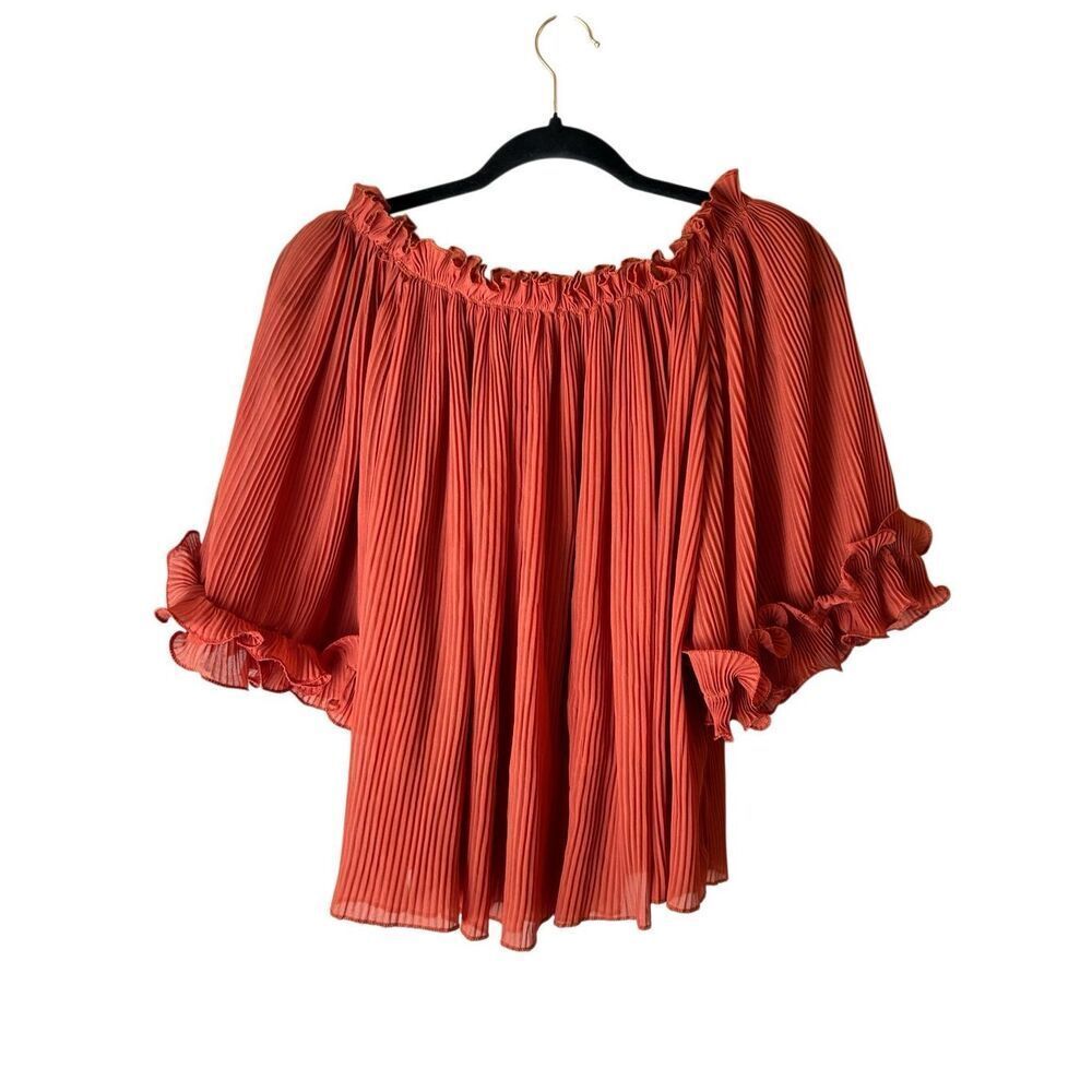 Vivid pleated short wide ruffled leeve blouse so L rust color neck long office c